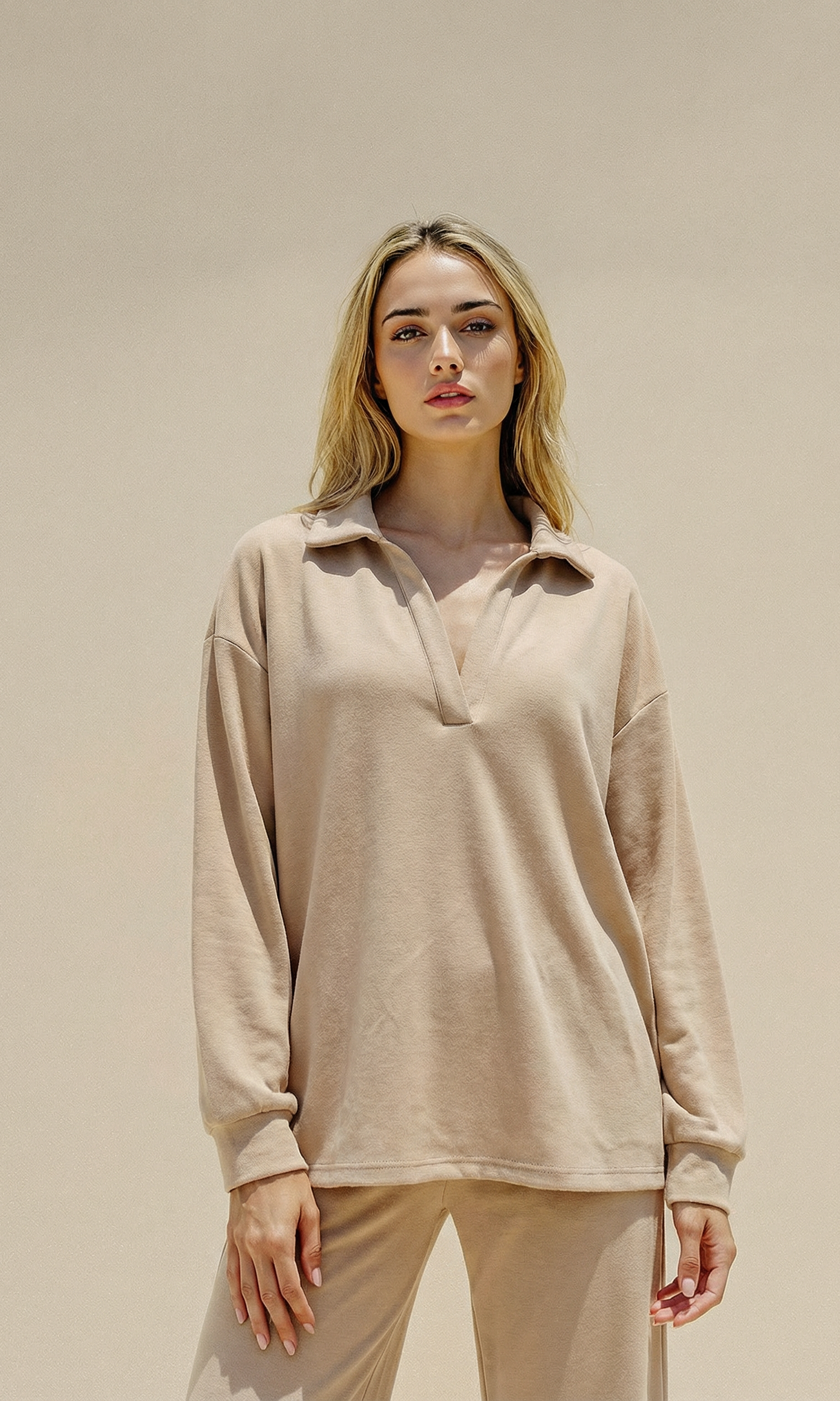 Woman wearing a beige long-sleeve top and pants against a beige background
