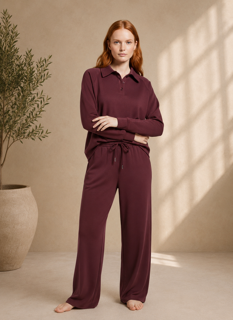 Women's Button Collar Lounge Set - Burgundy