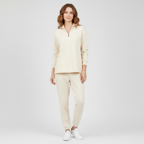 Women's Funnel Zip Neck Lounge Set - Cream
