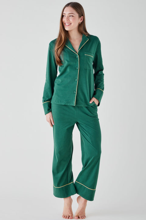 Women's Brushed Cotton Jersey Pyjama Trouser Set - Forest Green