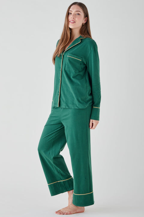 Women's Brushed Cotton Jersey Pyjama Trouser Set - Forest Green