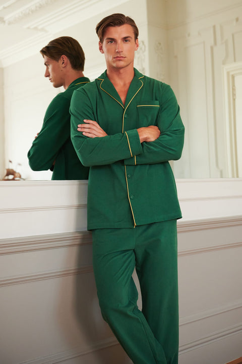 Men's Brushed Cotton Jersey Pyjama Trouser Set - Forest Green