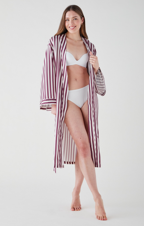 Women's Satin Robe - Mulberry Stripe