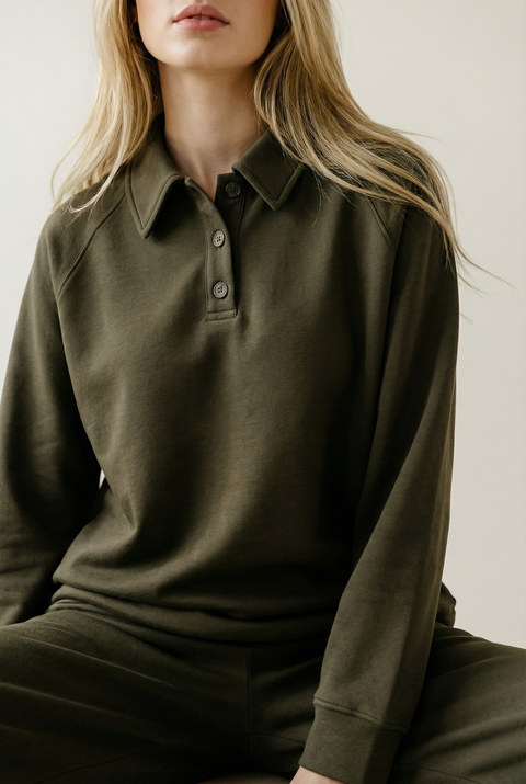 Women's Button Collar Lounge Set - Olive