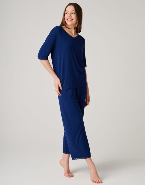 Women's Bamboo Lace Pyjama Set – Navy Peony