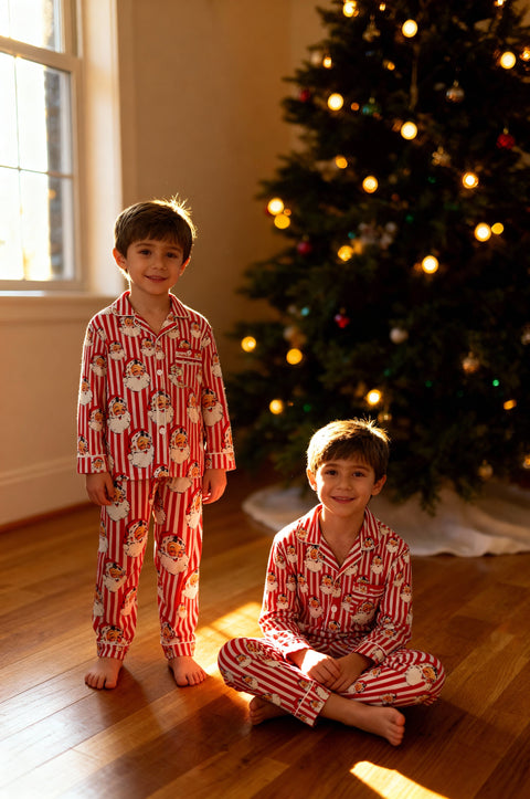 Kids Cotton Pyjama Trouser Set - Christmas Santa Claus Stripe