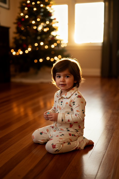 Kids Pointelle Pyjama Trouser Set - Christmas Babyccino & Croissant