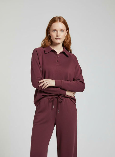 Women's Button Collar Lounge Set - Burgundy