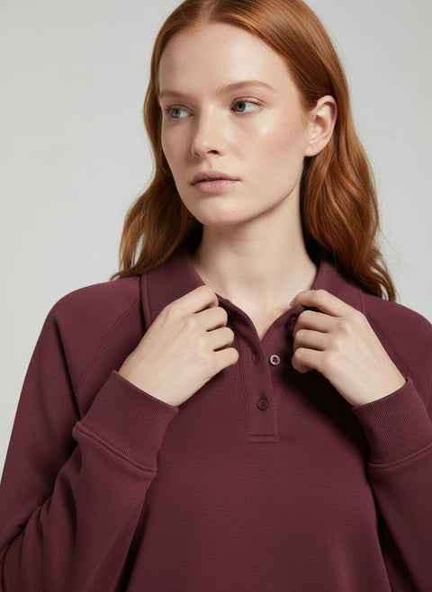Women's Button Collar Lounge Set - Burgundy