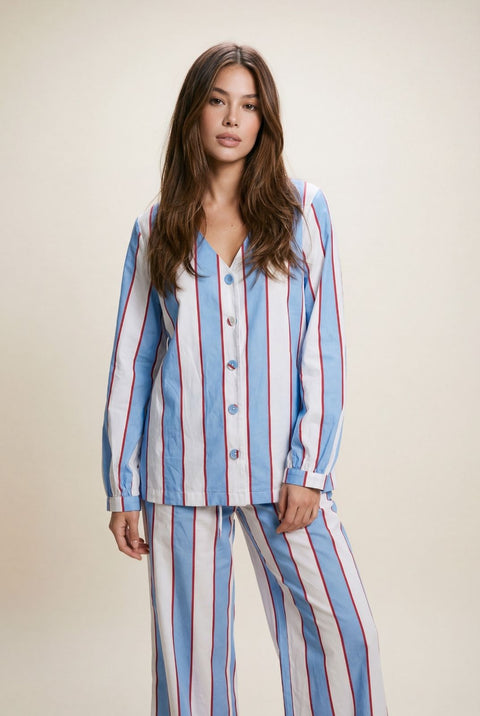 Women's Cotton V-Neck Pyjama Trouser Set - Stripe