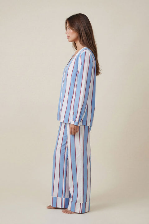 Women's Cotton V-Neck Pyjama Trouser Set - Stripe