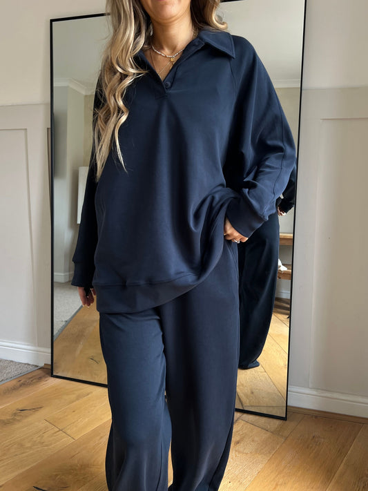 Navy Button Collar Lounge Set