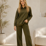 Women's Button Collar Lounge Set - Olive