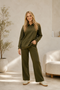 Women's Button Collar Lounge Set - Olive