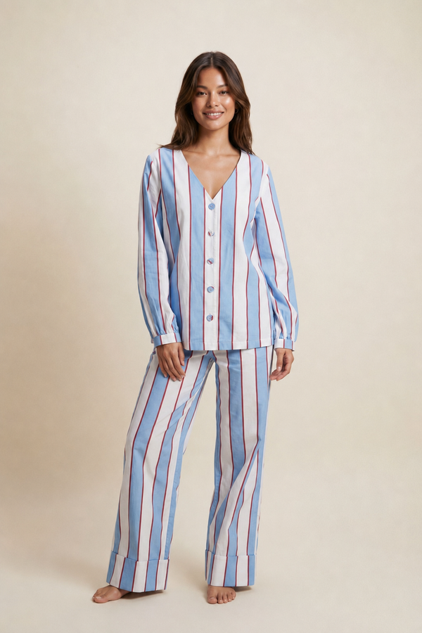 Women's Cotton V-Neck Pyjama Trouser Set - Stripe