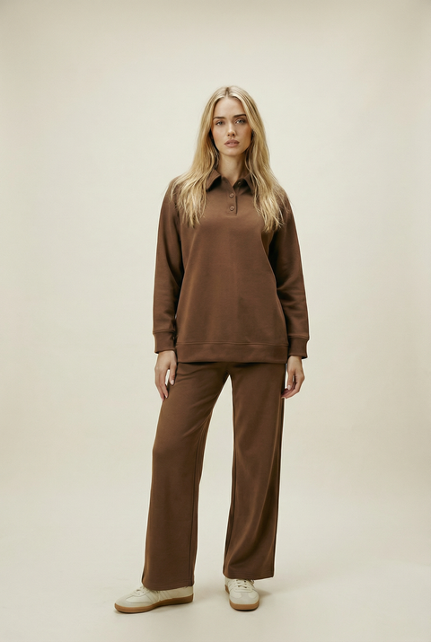 Women's Button Collar Lounge Set - Chocolate
