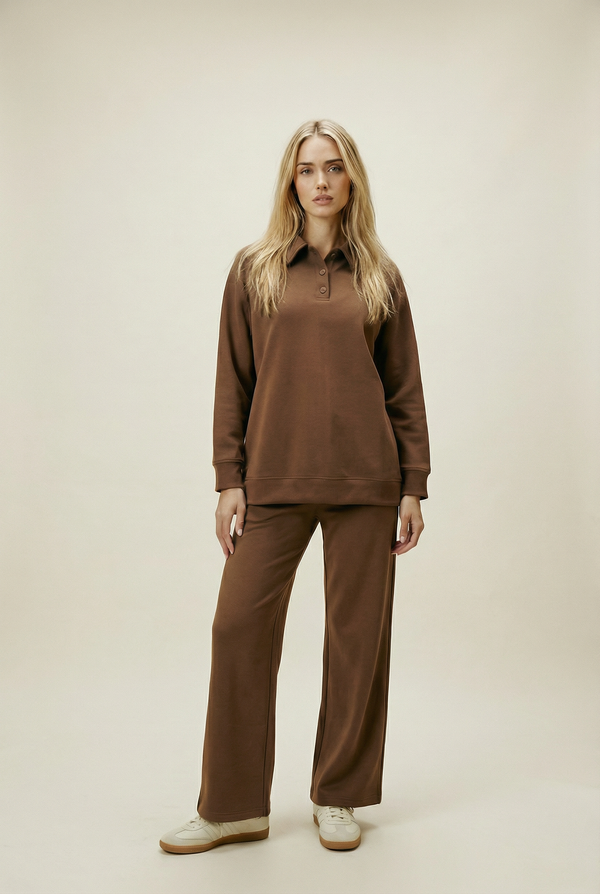 Women's Button Collar Lounge Set - Chocolate