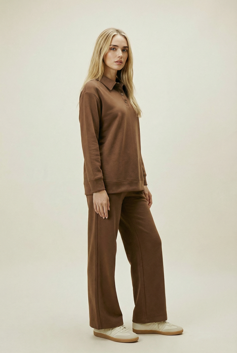 Women's Button Collar Lounge Set - Chocolate
