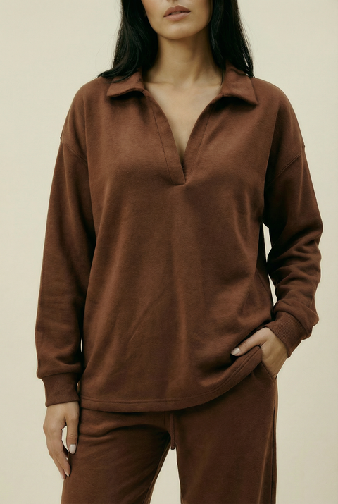 Women's Collar Lounge Set - Chocolate