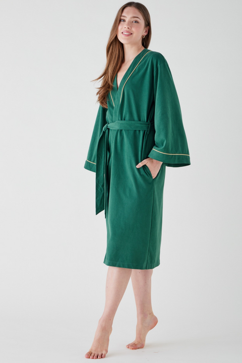 Women's Brushed Cotton Jersey Robe - Forest Green
