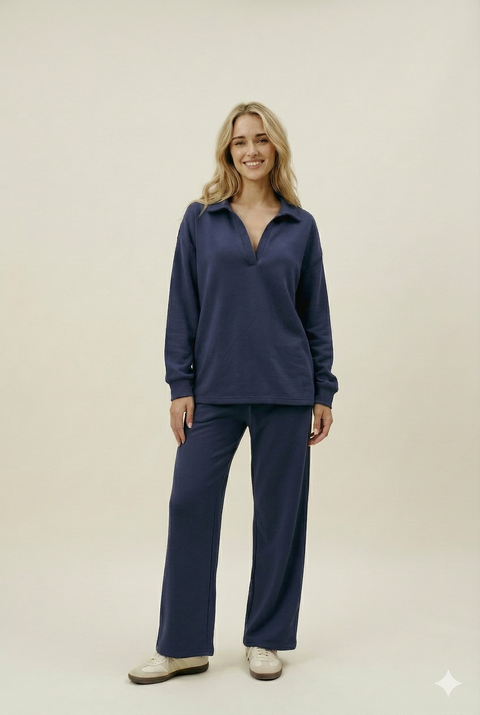 Women's Collar Lounge Set - Navy