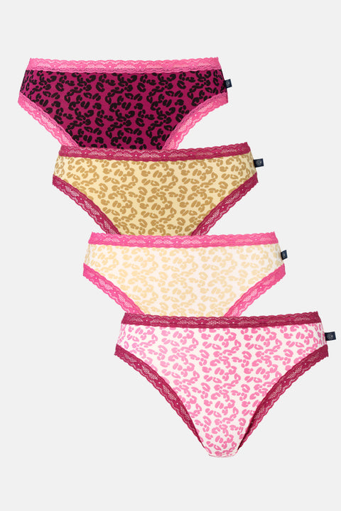 Multipack! 4 Pairs of Women's Bamboo Lace High Leg Knickers – Leopard Rose