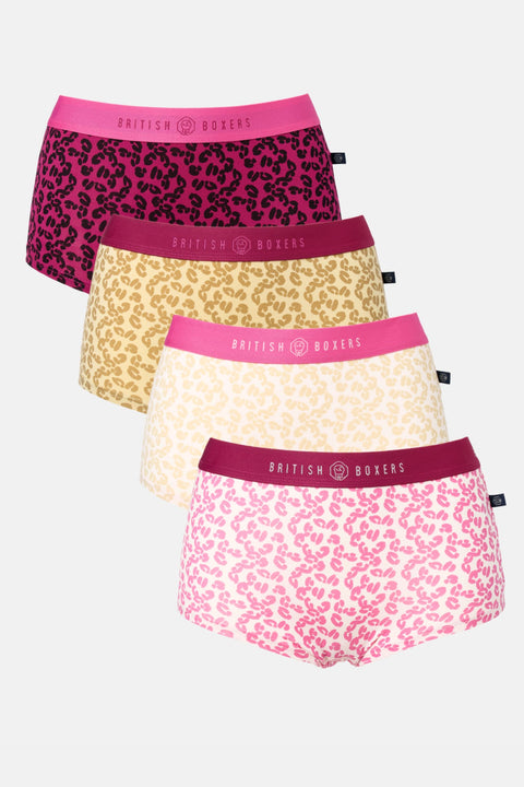 Multipack! 4 Pairs of Women's Bamboo Hipster Boxer Briefs – Leopard Rose
