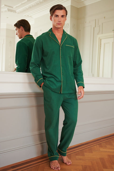 Men's Brushed Cotton Jersey Pyjama Trouser Set - Forest Green