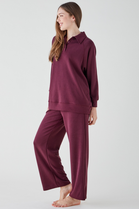 Women's Button Collar Lounge Set - Merlot