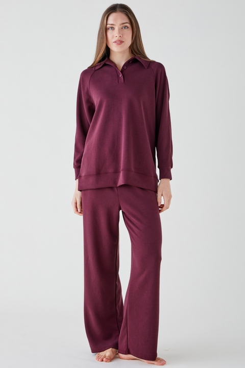Women's Button Collar Lounge Set - Merlot