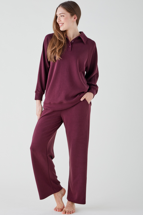 Women's Button Collar Lounge Set - Merlot