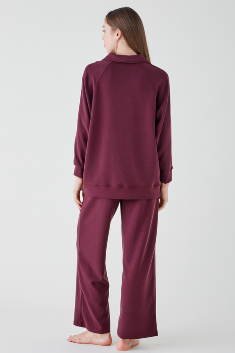 Women's Button Collar Lounge Set - Merlot