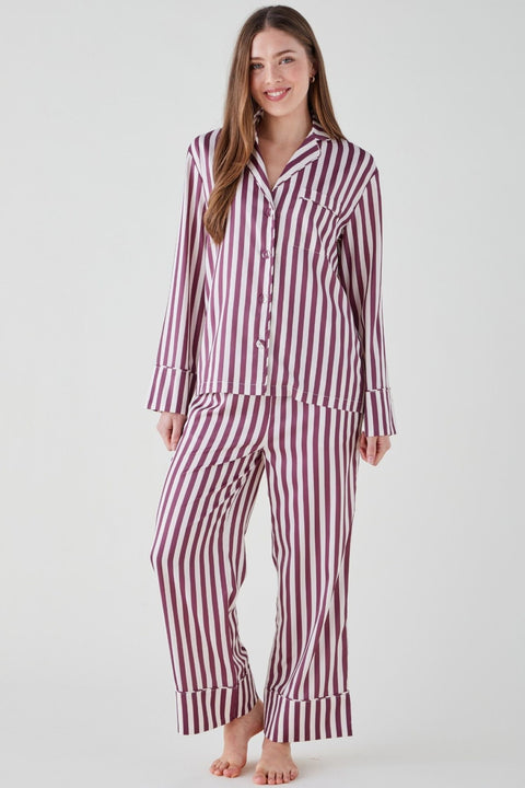 Women's Satin Pyjama Trouser Set - Mulberry Stripe