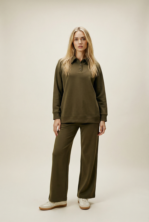 Women's Button Collar Lounge Set - Olive