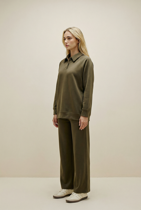 Women's Button Collar Lounge Set - Olive