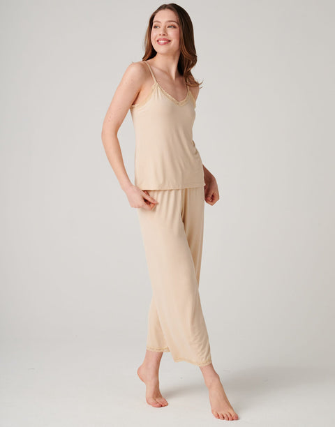 Women's Bamboo Lace Camisole Pyjama Set – Soft Sand