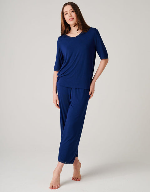 Women's Bamboo Lace Pyjama Set – Navy Peony