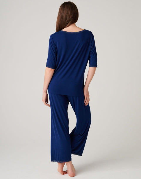 Women's Bamboo Lace Pyjama Set – Navy Peony