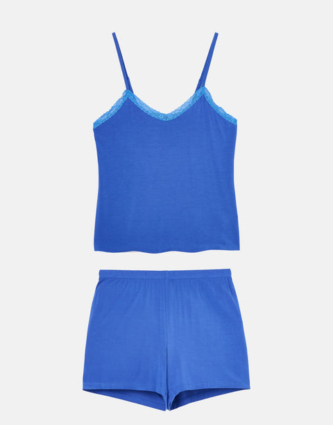 Women's Bamboo Lace Camisole Short Pyjama Set - Ultra Blue
