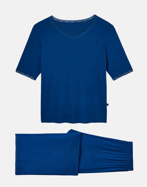 Women's Bamboo Lace Pyjama Set – Navy Peony