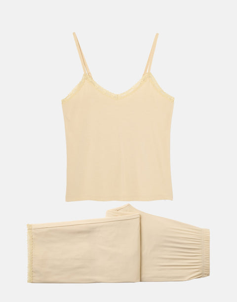 Women's Bamboo Lace Camisole Pyjama Set – Soft Sand