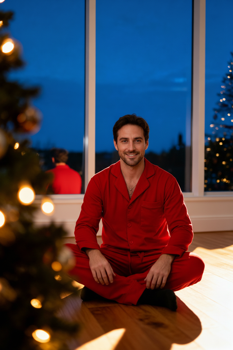 Men's Cotton Pyjama Trouser Set - Christmas Soft Red
