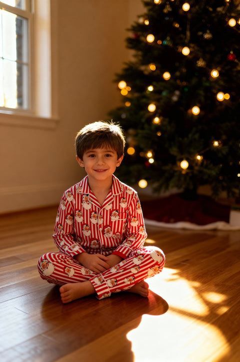 Kids Cotton Pyjama Trouser Set - Christmas Santa Claus Stripe