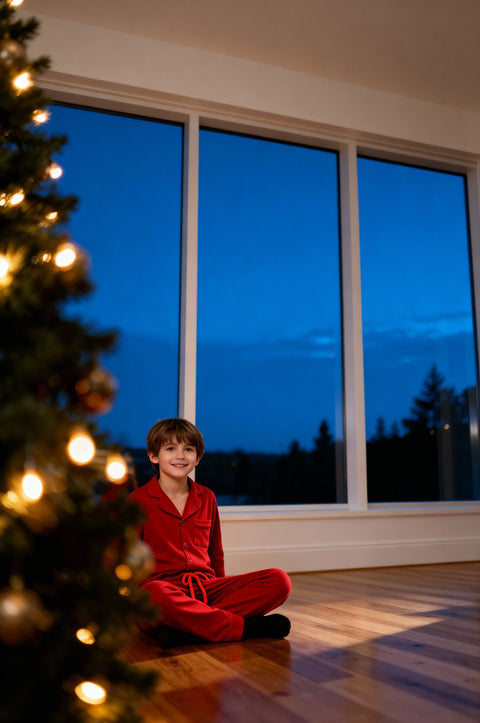 Kids Cotton Pyjama Trouser Set - Christmas Soft Red