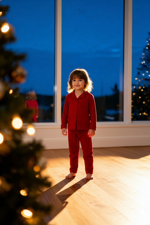Kids Cotton Pyjama Trouser Set - Christmas Soft Red