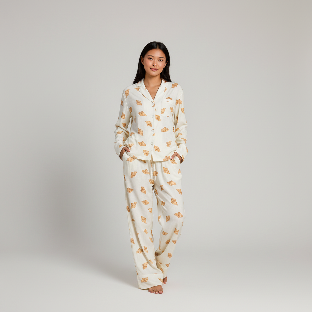Woman wearing a white pyjama set with croissant patterns on a plain background