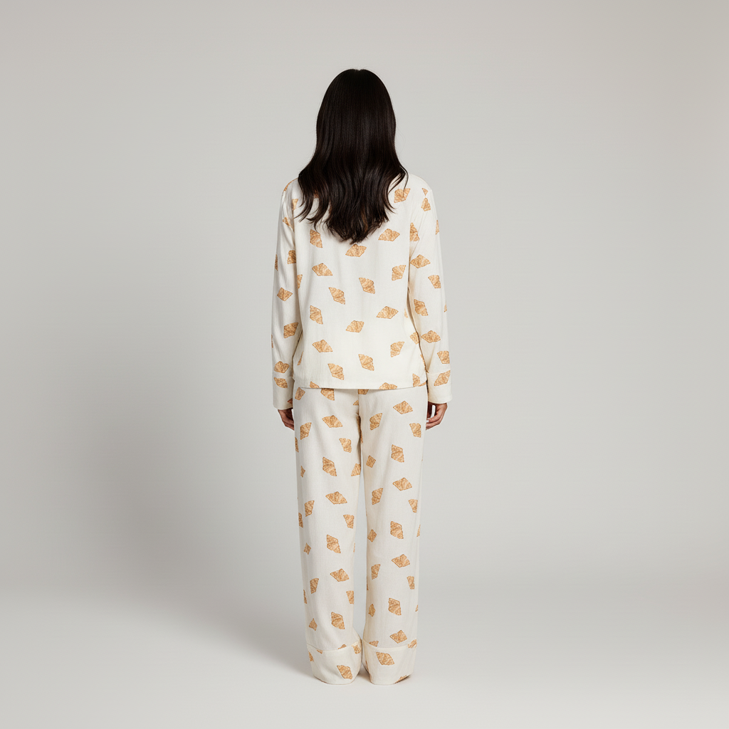 Person wearing a white pajama set with a croissant pattern on a plain background