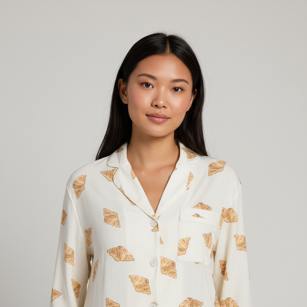 Woman wearing a white pajama top with croissant patterns against a plain background