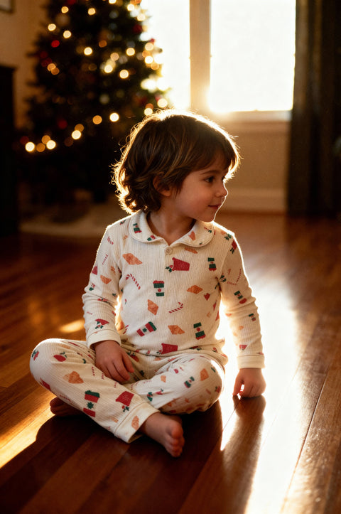 Kids Pointelle Pyjama Trouser Set -  Christmas Babyccino & Croissant